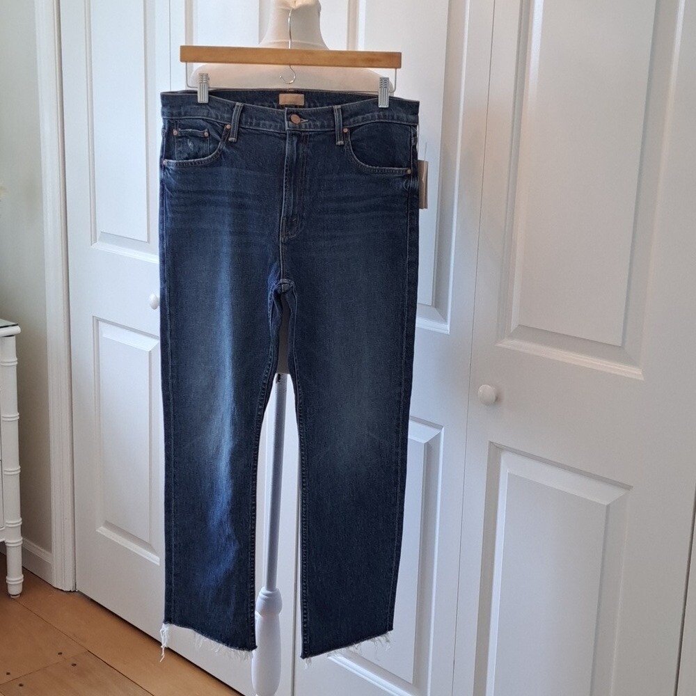NWT MOTHER Denim‎ Mid Rise Rider Ankle Fray Medium Wash Jeans Raw Hem S-33